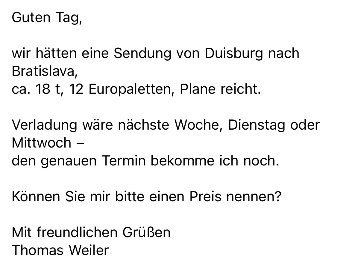 Email with a transport inquiry from Duisburg to Bratislava, in German