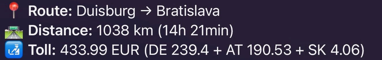 Route from Duisburg to Bratislava, 1,038 km, 14 h 21 min, toll €433.99 split by country